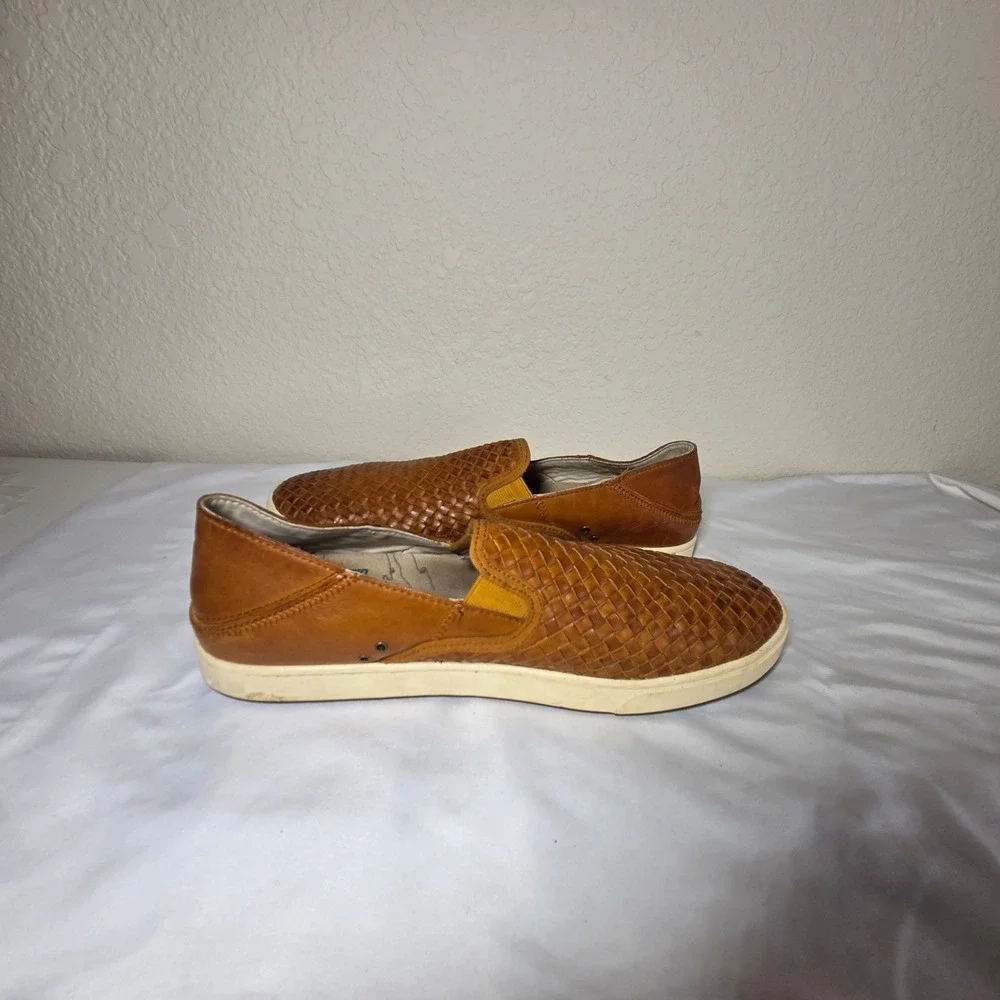 OluKai Kahu Lauhala Mens Fox Leather Woven Slip On Sneakers 10397-FX18 Size 11